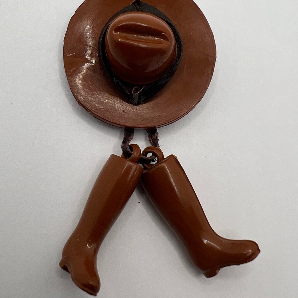 Vintage 1930s Celluloid Brown Cowboy Hat & Riding Boots Brooch Pin Plastic
